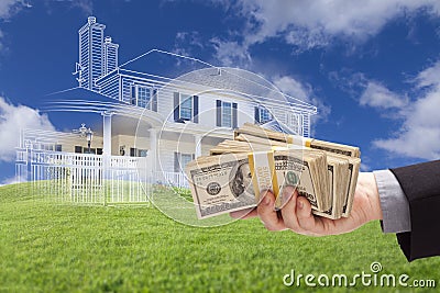Handing Over Thousands of Dollars with Ghosted House Drawing Beh Stock Photo