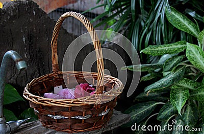 Handkerchief and hand towel in wood basket Stock Photo