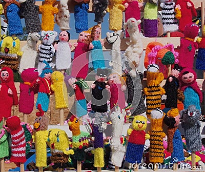 Handknit Finger Puppets From Peru On Display Stock Photo