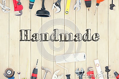 Handmade against diy tools on wooden background Stock Photo