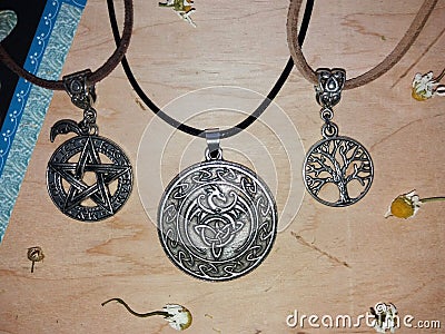 Magic protective pendants for witches and magicians Stock Photo