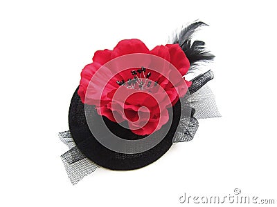 Handmade black fascinator headpiece with red flower and feather Stock Photo