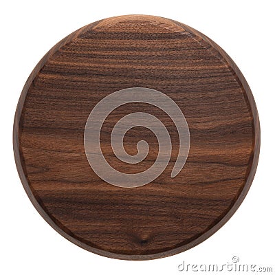 Handmade black walnut round wooden chopping board. Walnut round wooden pallet. Black walnut wood plank texture background. Stock Photo