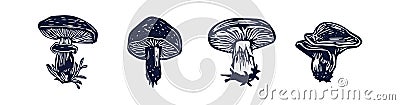 Handmade blockprint mushroom vector motif clipart set in folkart scandi style. Simple monochrome linocut fungi shapes Vector Illustration