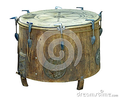 Handmade brown wooden drum isolated on white Stock Photo