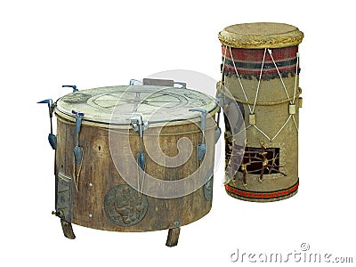 Handmade brown wooden drum isolated on white Stock Photo