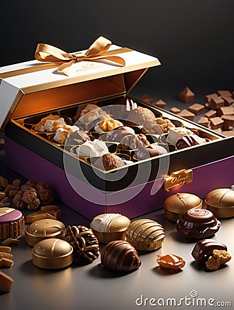 handmade chocolates in a square box and coffee beans around Stock Photo