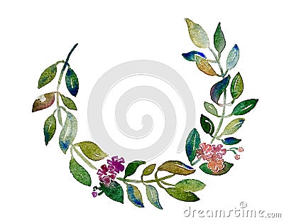 Handmade circle wreath watercolor branch with leaves Cartoon Illustration