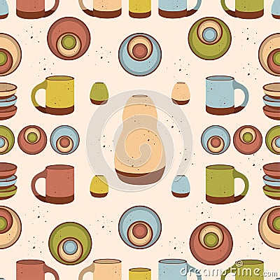 Handmade clay pottery with colored enamel. Seamless pattern Cartoon Illustration