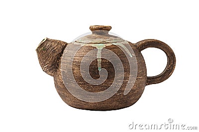 Handmade clay teapot Isolated on a white background. Antique pottery Stock Photo