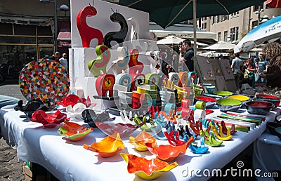 Handmade clocks and pottery for sale at Jaffa Flea Market (Shuk Hapishpishim) at Tel Aviv Editorial Stock Photo