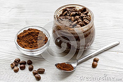 Handmade coffee-cocoa scrub on wooden background close up Stock Photo
