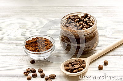 Handmade coffee-cocoa scrub on wooden background Stock Photo
