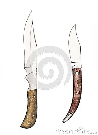 Hand painted drawing of contemporary fixed blade and folding knives with color pencils Stock Photo