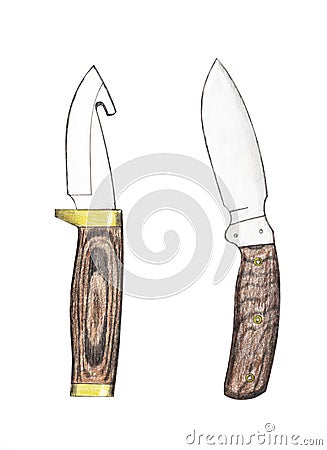 Hand painted drawing of contemporary fixed blade hunting knives with color pencils Stock Photo