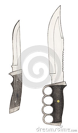 Hand painted drawing of contemporary fixed blade knives and daggers with color pencils Stock Photo