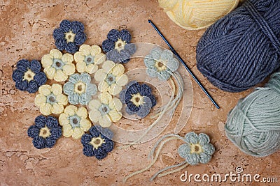Handmade colorful crochet flower with skein Stock Photo