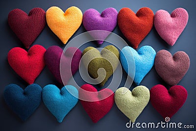 Handmade Colorful woolen hearts. Heart craft on table Stock Photo