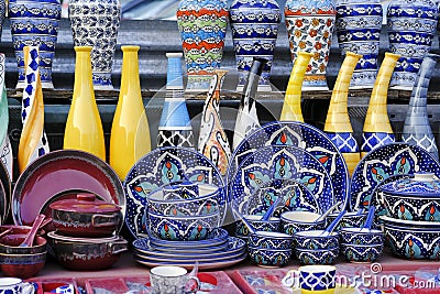 Handmade colourful ceramic pottery. Hand painted pottery. Traditional pottery fair in Pune, India Editorial Stock Photo