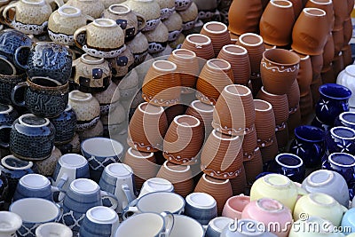 Handmade colourful ceramic pottery. Hand painted pottery. Traditional pottery fair in Pune, India Editorial Stock Photo