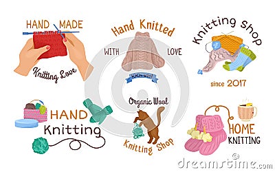 Handmade craft logo, knit yarn set, vector illustration. Needlework hobby with thread, isolated on white design. Sewing Vector Illustration