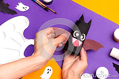 Handmade craft project toilet paper tube. Making cute monster for Halloween. Step by step photo instruction Stock Photo