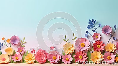 handmade crafted paper flowers on blue color background with copy space Stock Photo