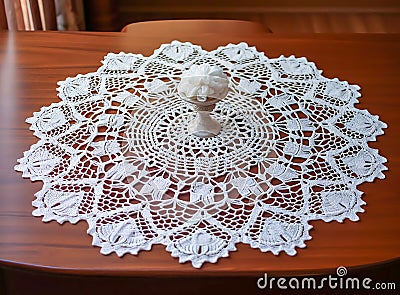 Handmade crochet white lace napkin on table in living room Stock Photo