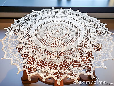 handmade crochet white lace tablecloth on glass table Stock Photo