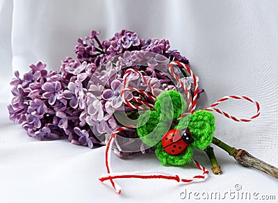 Handmade crocheted basket with red and white string, known as Martisor. Stock Photo