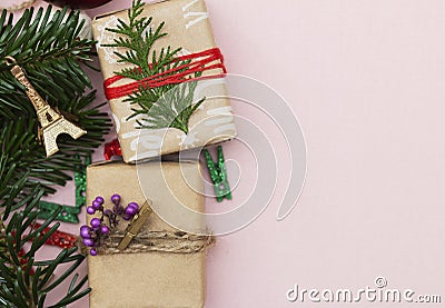 Handmade decorations for the holiday, Eiffel Tower gift wrapping, girl packs a gift, gift to a loved one Stock Photo