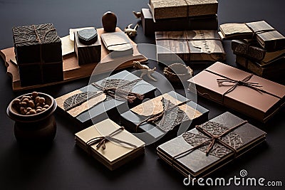 Handmade DIY paper products with dark leather and craft accessories Stock Photo