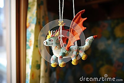 a handmade dragon toy hanging from a baby mobile Stock Photo