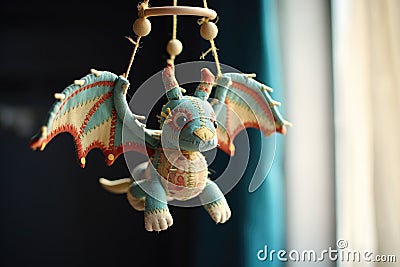 a handmade dragon toy hanging from a baby mobile Stock Photo