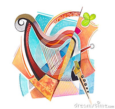 Handmade Celtic harp and country folk music instruments in a modern style colored with watercolors Stock Photo
