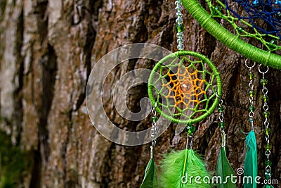 Handmade dream catcher with feathers threads and beads rope hanging Stock Photo