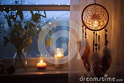 handmade dream catcher hanging in a softly lit room Stock Photo