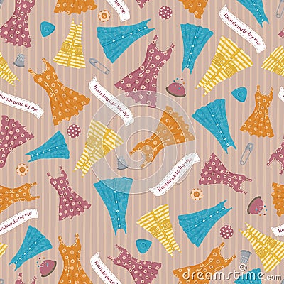 Handmade dresses seamless repeat vector pattern with illustrations of womens dresses, cloth labels, sewing tools for Vector Illustration
