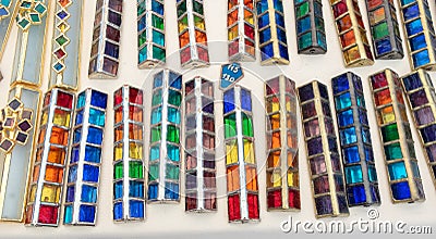 Handmade glass colorful cases for mezuzah sold at handicraft market. Tel-Aviv Stock Photo