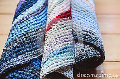 handmade Grandmothers carpets set made from old used clothes. Stock Photo