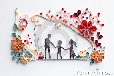 Handmade Happy Family in paper quilling style, Generative AI Stock Photo