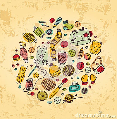 Handmade icons and objects round grunge background Vector Illustration