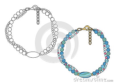 Handmade jewelry: bracelet in two threads with large oval bead Vector Illustration