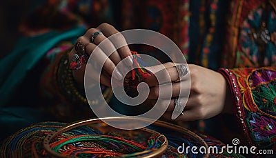 Handmade jewelry and clothing showcase cultural elegance generated by AI Stock Photo