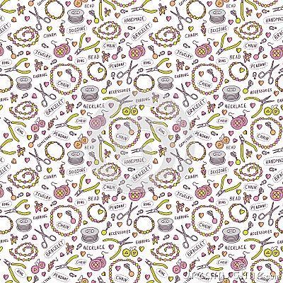 Handmade jewelry elements and tools vector seamless pattern. Hand drawn design texture in colors of white, grey, green and pink Vector Illustration