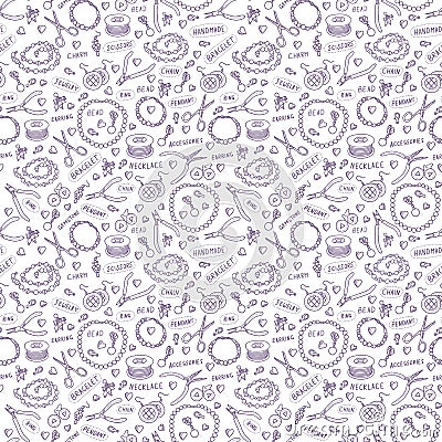 Handmade jewelry elements and tools vector seamless pattern. Hand drawn design texture in grey color Vector Illustration