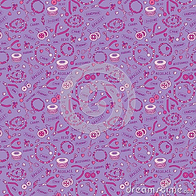 Handmade jewelry elements and tools vector seamless pattern. Beads and accessories colorful background Vector Illustration