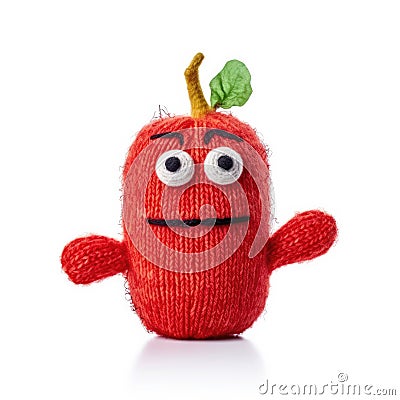 Handmade knitted apple toy with funny face. Generative AI Stock Photo