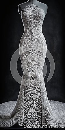 Handmade knitted wedding dress embroidered with beads. Generative AI Stock Photo