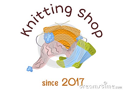 Handmade knitting shop logo with colorful wool socks, yarn, and needles. Cozy craft store emblem since 2017. Crafting Cartoon Illustration